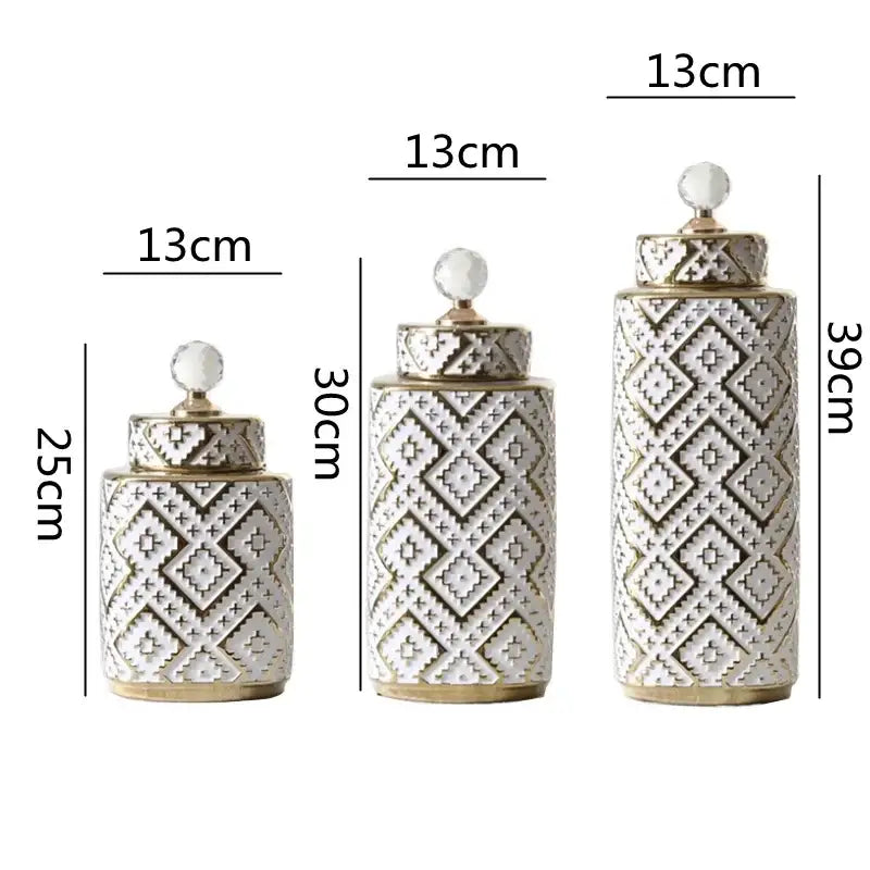 Geometric white and golden relief decorative jar kitchen canister