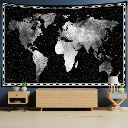 Geometric world map black & silver tapestry bedroom wall decor