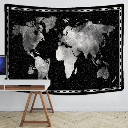 Geometric world map black & silver tapestry bedroom wall decor