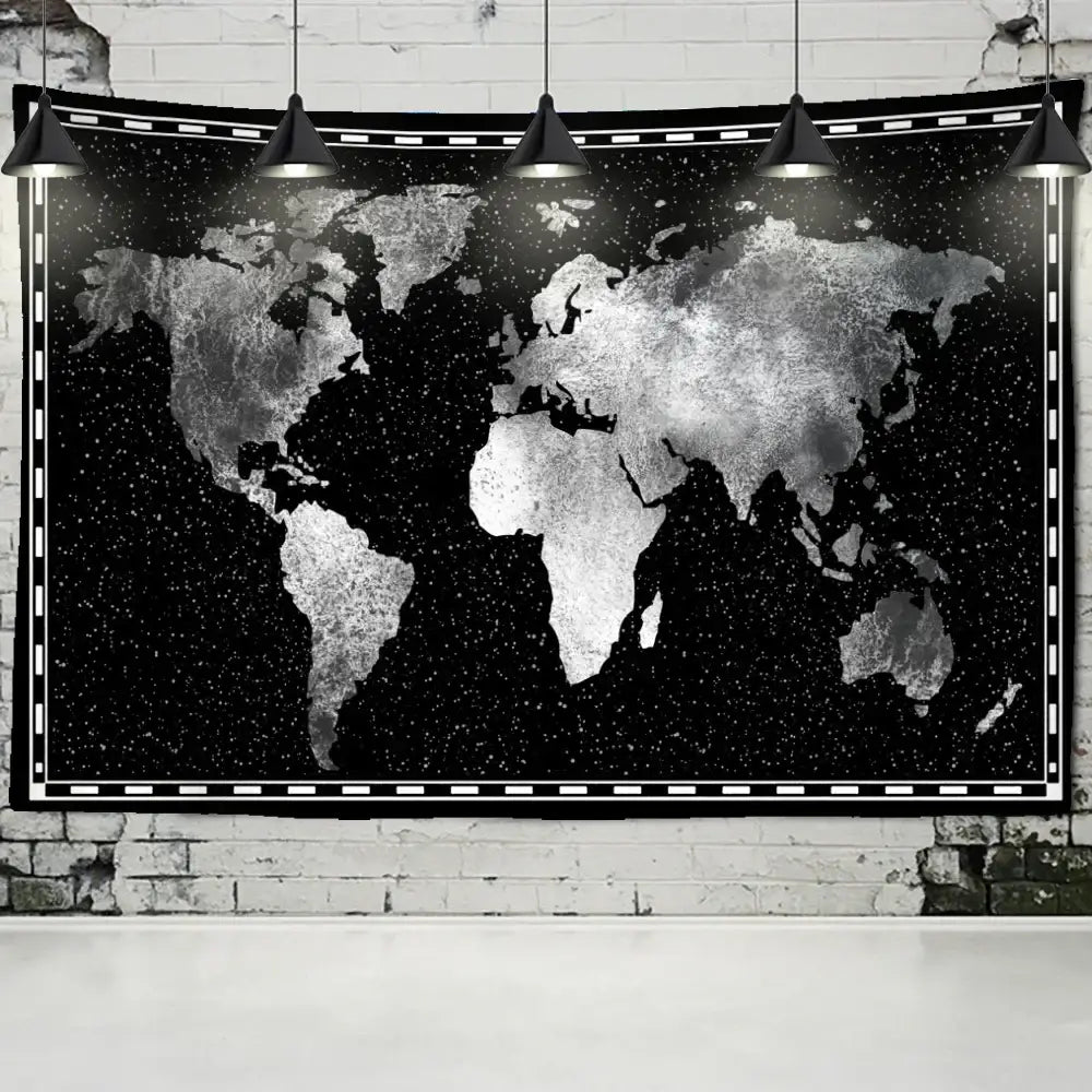 Geometric world map black & silver tapestry bedroom wall decor