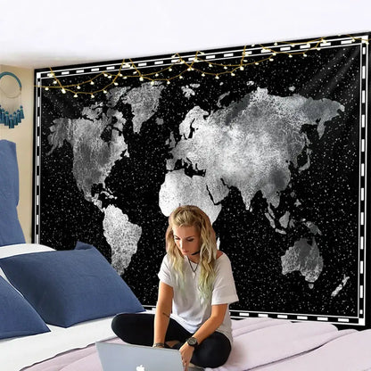 Geometric world map black & silver tapestry bedroom wall decor