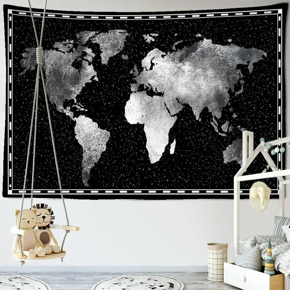 Geometric world map black & silver tapestry bedroom wall decor
