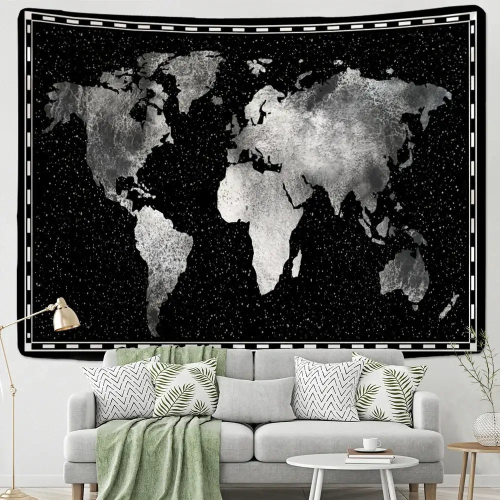 Geometric world map black & silver tapestry bedroom wall decor