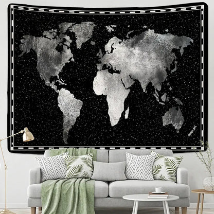 Geometric world map black & silver tapestry bedroom wall decor