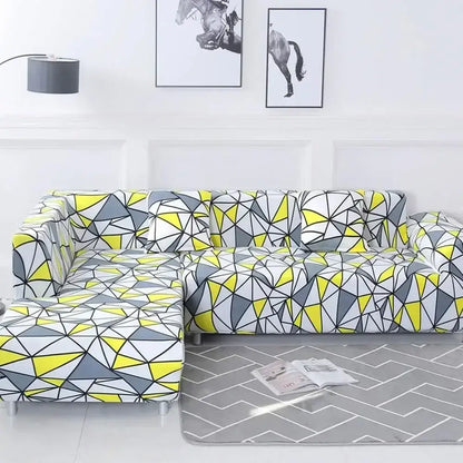 Geometric yellow & gray stretch sofa cover living room couch protector