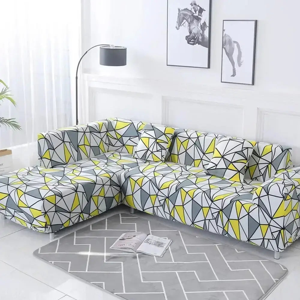 Geometric yellow & gray stretch sofa cover living room couch protector