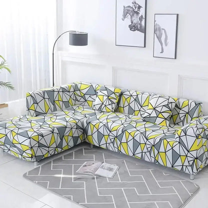 Geometric yellow & gray stretch sofa cover living room couch protector