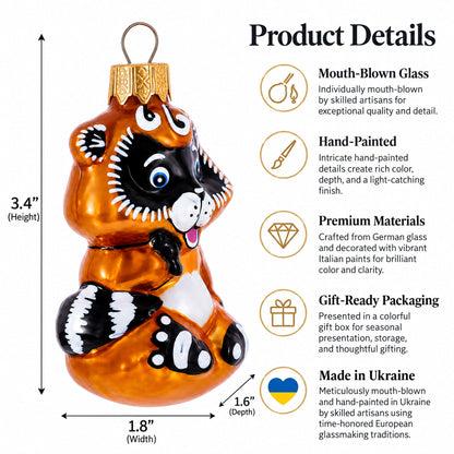 Playful Baby Raccoon Glass Christmas Ornament