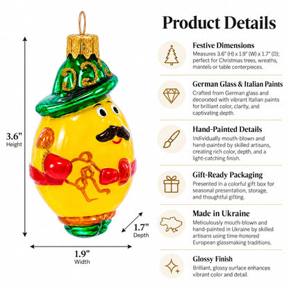 Mustached Lemon in Alpine Outfit Glass Christmas Ornament
