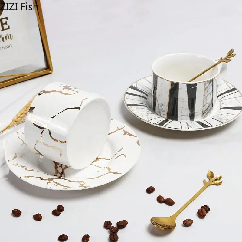 Gilded marble texture ceramic cup and saucer set dining room luxury