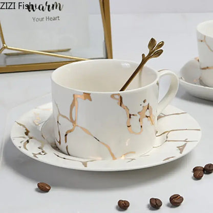 Gilded marble texture ceramic cup and saucer set dining room luxury