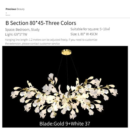 Ginkgo biloba chandelier gold glass pendant light for living room