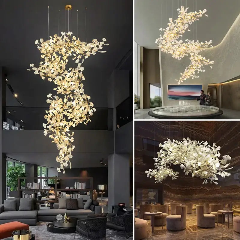 Ginkgo biloba chandelier gold glass pendant light for living room