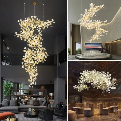 Ginkgo biloba chandelier gold glass pendant light for living room