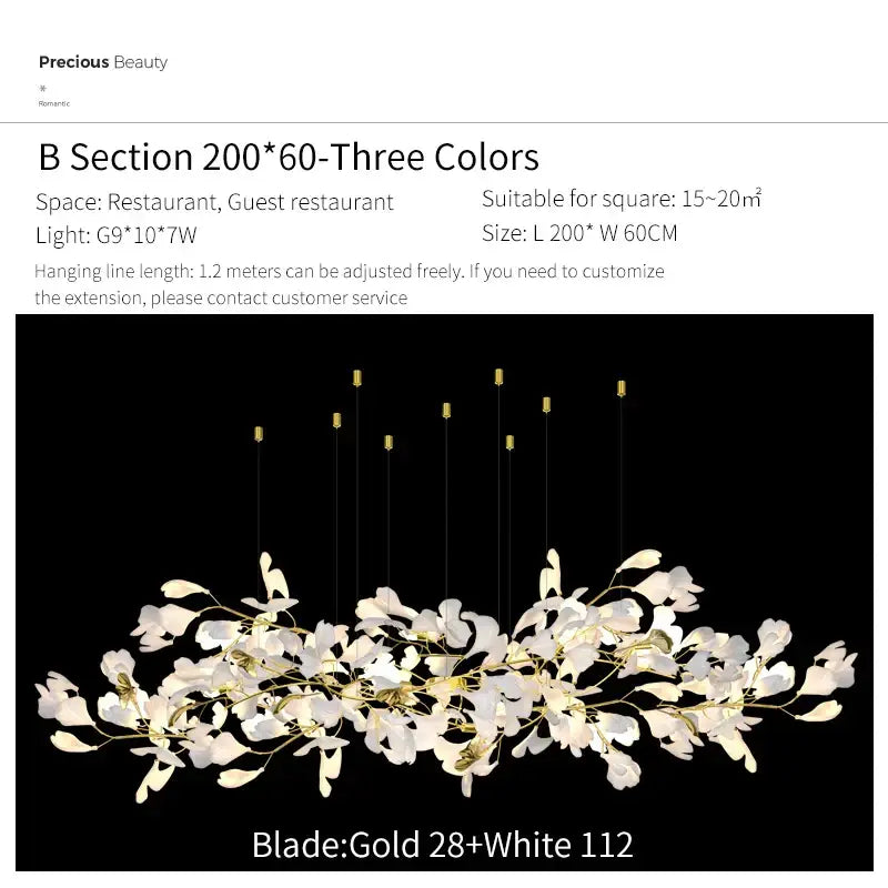 Ginkgo biloba chandelier gold glass pendant light for living room