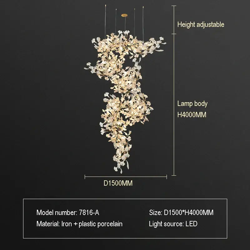 Ginkgo biloba chandelier gold glass pendant light for living room