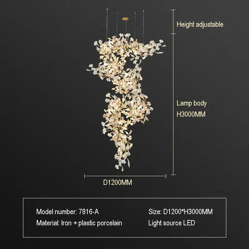 Ginkgo biloba chandelier gold glass pendant light for living room