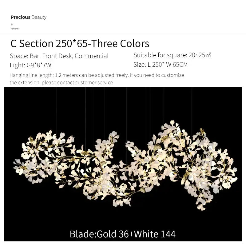 Ginkgo biloba chandelier gold glass pendant light for living room