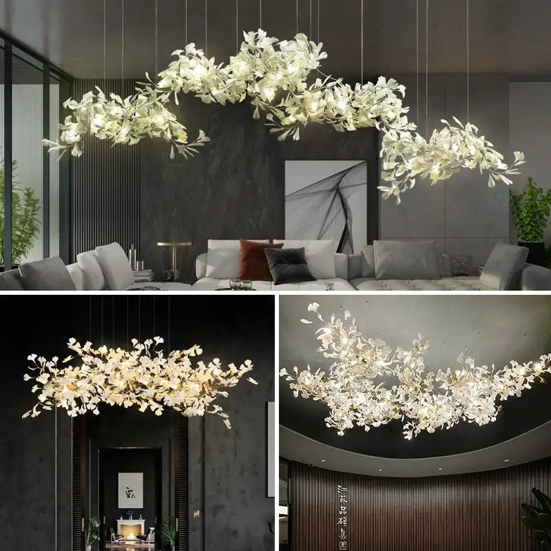 Ginkgo biloba chandelier gold glass pendant light for living room