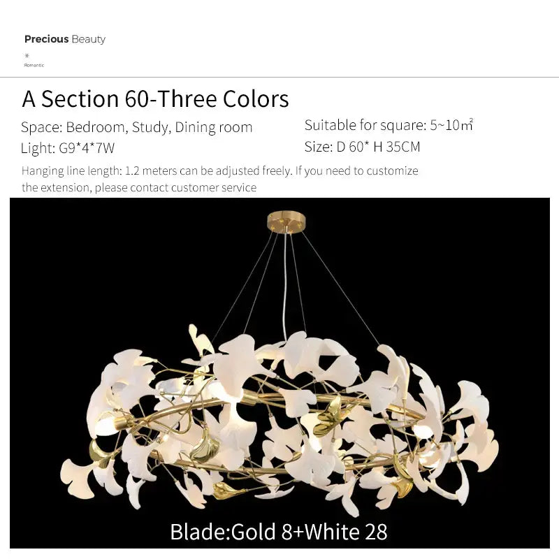 Ginkgo biloba chandelier gold glass pendant light for living room