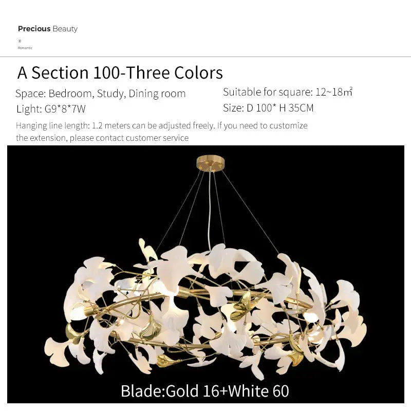 Ginkgo biloba chandelier gold glass pendant light for living room