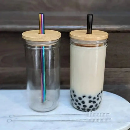 Glass boba smoothie cup with bamboo lid and stainless steel straw kitchen set