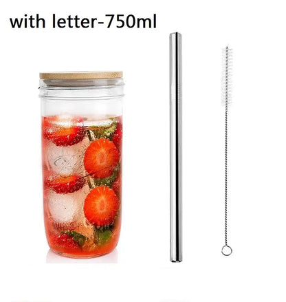 Glass boba smoothie cup with bamboo lid and stainless steel straw kitchen set