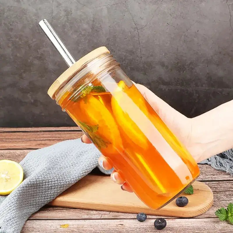 Glass boba smoothie cup with bamboo lid and stainless steel straw kitchen set