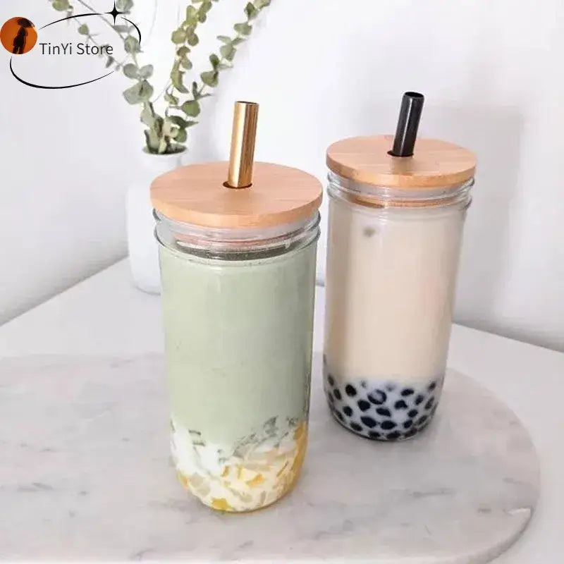 Glass boba smoothie cup with bamboo lid and stainless steel straw kitchen set