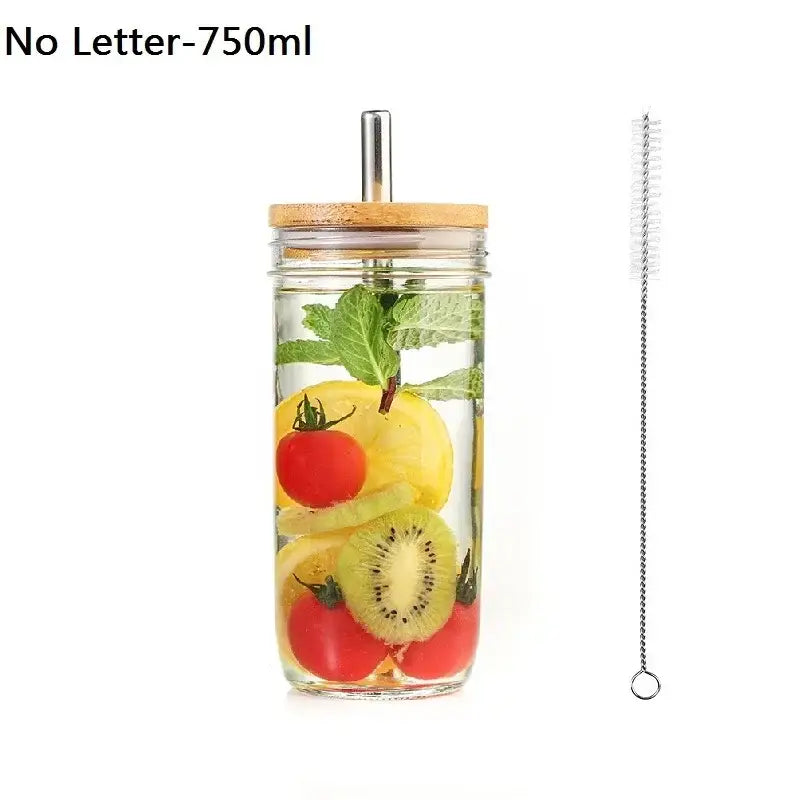 Glass boba smoothie cup with bamboo lid and stainless steel straw kitchen set