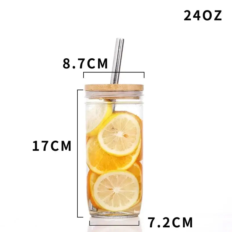 Glass boba smoothie cup with bamboo lid and stainless steel straw kitchen set