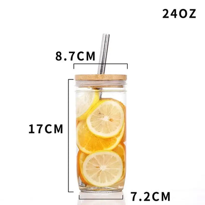 Glass boba smoothie cup with bamboo lid and stainless steel straw kitchen set