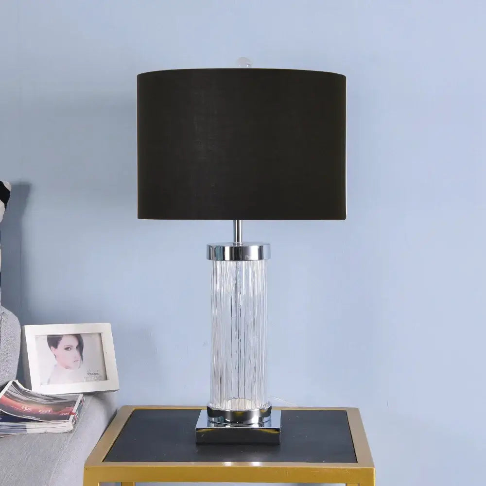 Glass crystal cylinder table lamp with cream shade for bedroom