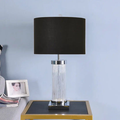 Glass crystal cylinder table lamp with cream shade for bedroom