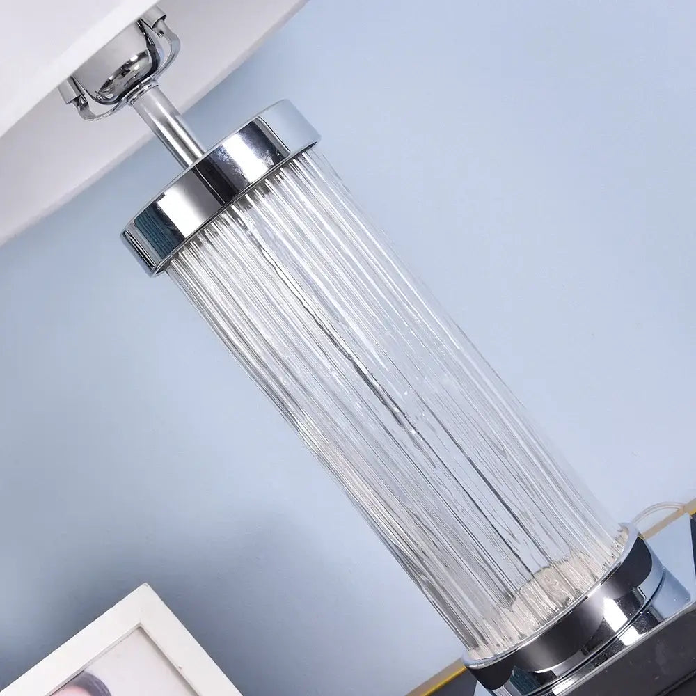 Glass crystal cylinder table lamp with cream shade for bedroom