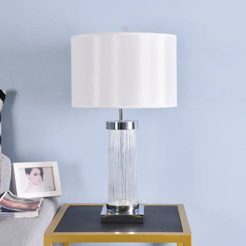 Glass crystal cylinder table lamp with cream shade for bedroom