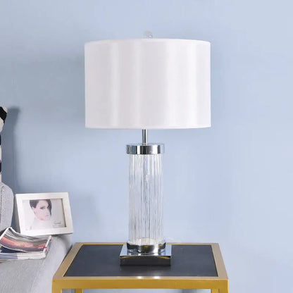 Glass crystal cylinder table lamp with cream shade for bedroom