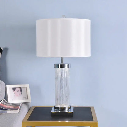 Glass crystal cylinder table lamp with cream shade for bedroom