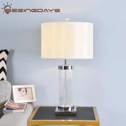 Glass crystal cylinder table lamp with cream shade for bedroom