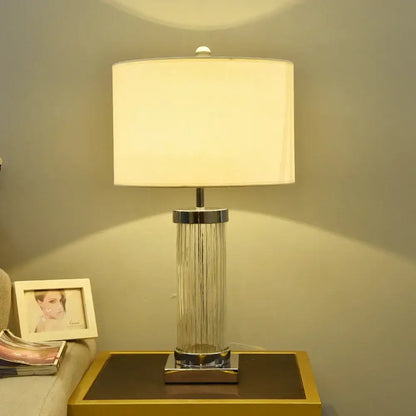 Glass crystal cylinder table lamp with cream shade for bedroom