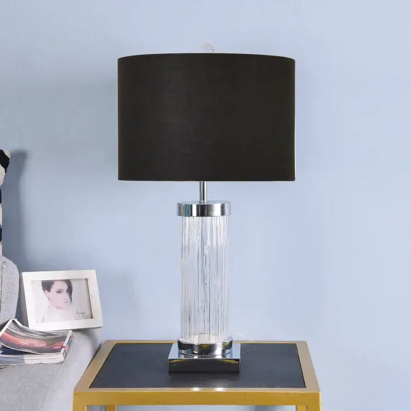 Glass crystal cylinder table lamp with cream shade for bedroom