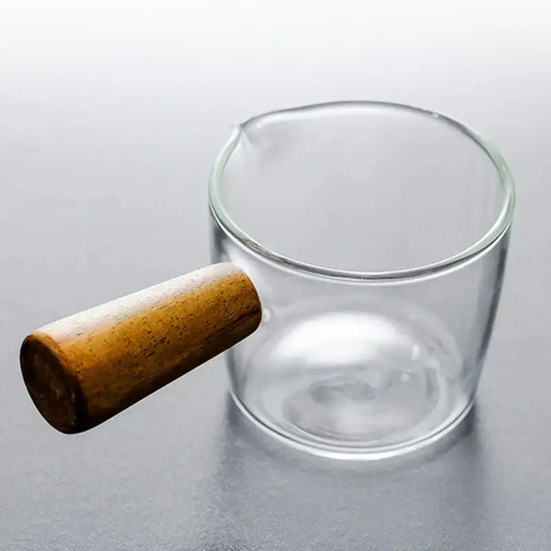 Glass espresso measuring cup with wood handle kitchen milk jug