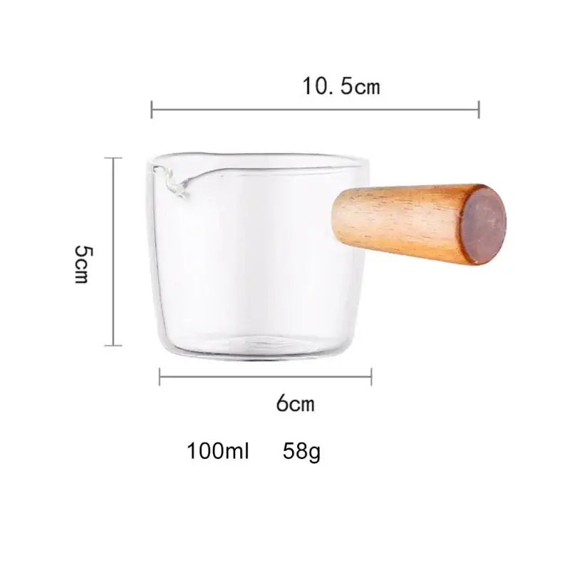 Glass espresso measuring cup with wood handle kitchen milk jug
