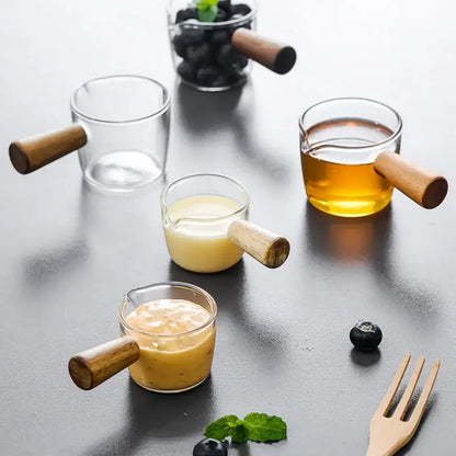 Glass espresso measuring cup with wood handle kitchen milk jug