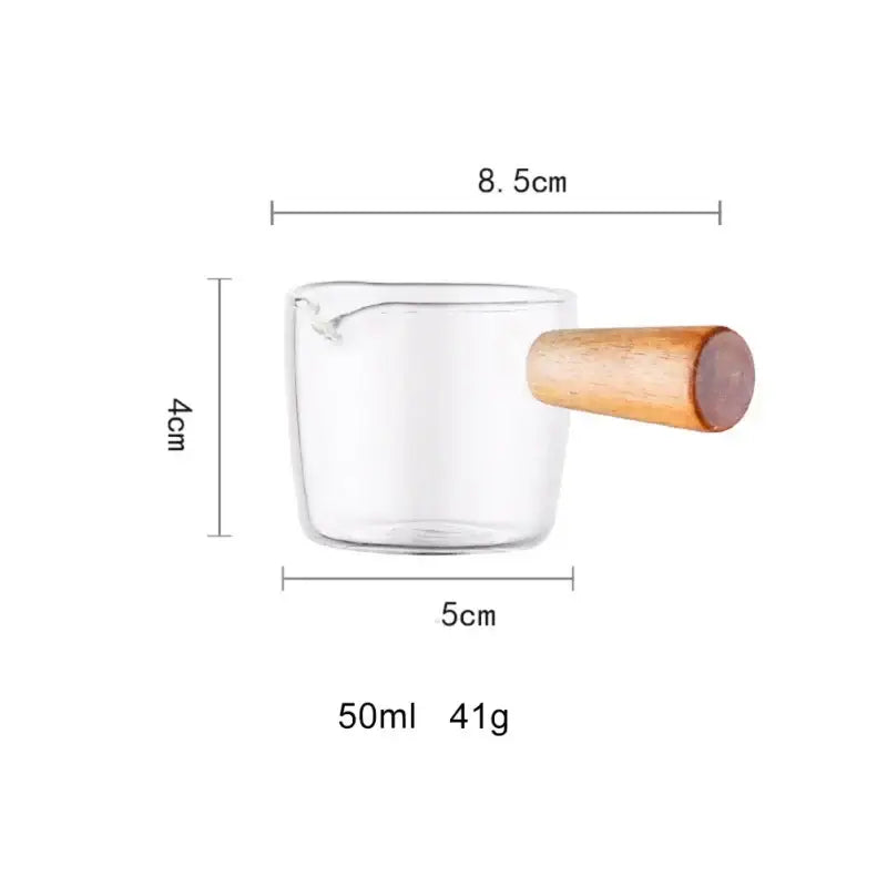 Glass espresso measuring cup with wood handle kitchen milk jug
