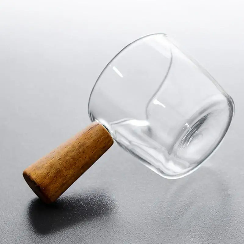 Glass espresso measuring cup with wood handle kitchen milk jug