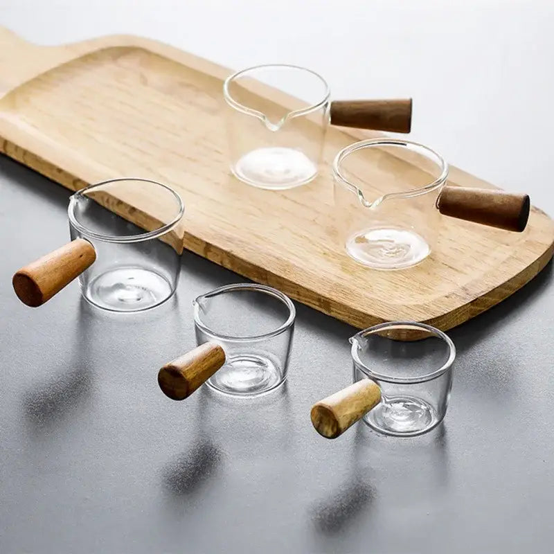 Glass espresso measuring cup with wood handle kitchen milk jug