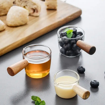 Glass espresso measuring cup with wood handle kitchen milk jug