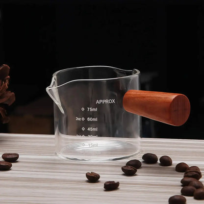 Glass espresso pitcher with wooden handle kitchen measuring cup