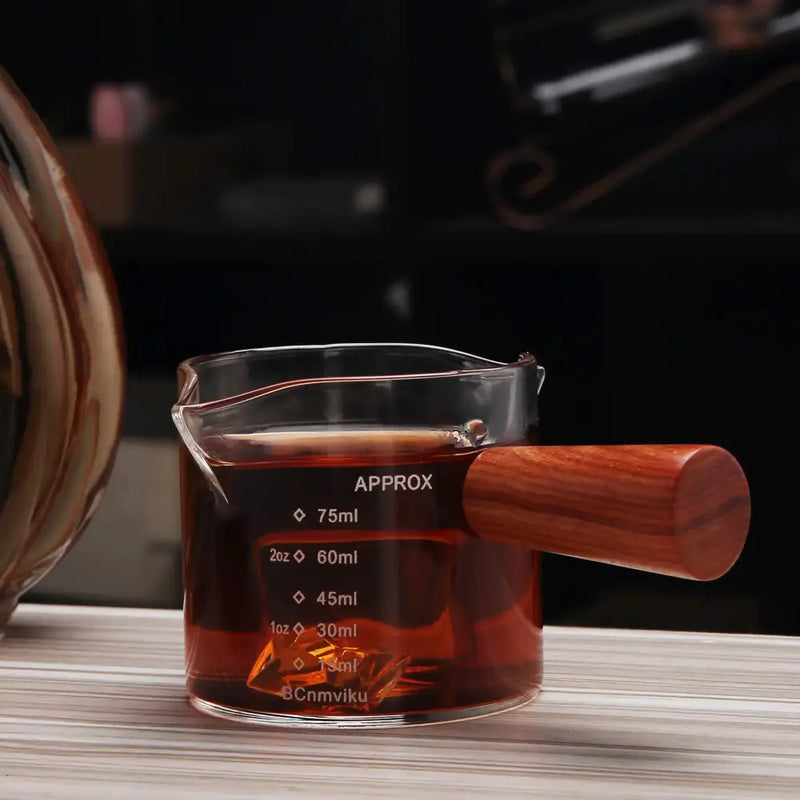 Glass espresso pitcher with wooden handle kitchen measuring cup